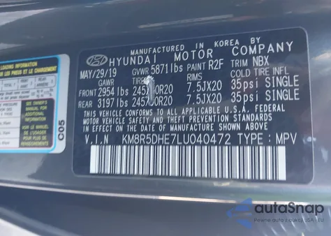 2020 Hyundai Palisade Limited z USA, uszkodzony, nr VIN KM8R5DHE7LU040472